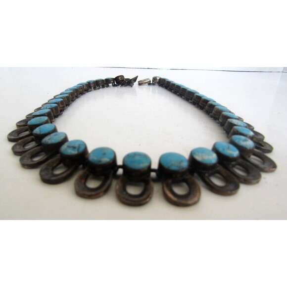 Turquoise Necklace Vintage Sterling Silver 925 Mexico Chunky Choker Stamped 18” - Picture 10 of 10
